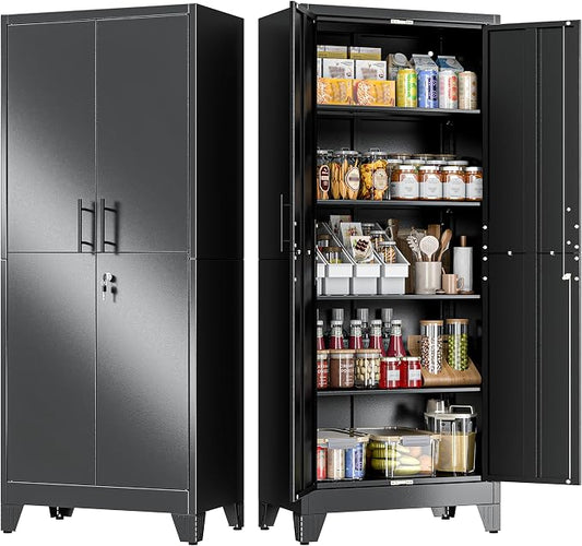GAIOUS Tall Metal Pantry Storage Cabinet with Lock, File Cabinet Black | 2 Doors Freestanding Steel Bookcase with Adjustable Shelves, Heavy Duty Lockable Office Cabinet, Garage Utility Organizer
