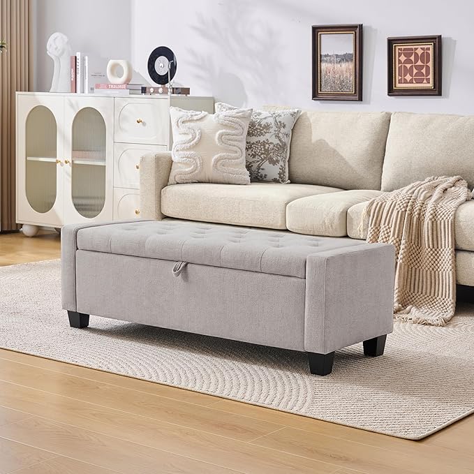 Huatean Home 43" Ottoman with Storage, Light Gray Storage Ottoman Bench | Upholstered Entryway Bench with Seating for Bedroom, Living Room with Safety Hinge, Holds up to 330 lb