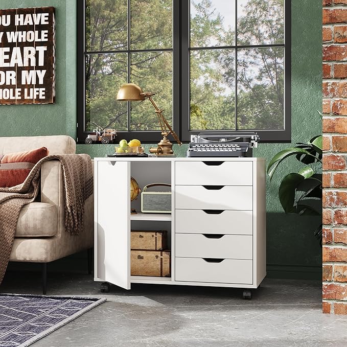 DEVAISE 5-Drawer Wood Drawer Cabinet, Office Storage Cabinet with Adjustable Shelf & Wheels, Printer Stand for Home Office, White | Craft Storage Cabinet, Under Desk Drawer, Rolling Cart Furniture, Adjustable Shelf & Wheels, Printer Stand, Home Office