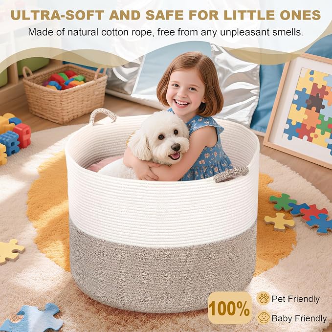 XXXXL 125L Extra Large Blanket Basket, 24.8" x 16" Jumbo Woven Basket (Includes 2 Cute Baskets), Cotton Rope Basket with Handle for Living Room, Baby Toys Nursery, Laundry, Home Decor (White/Brown)