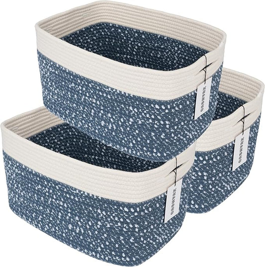 XUANGUO Woven Cotton Rope Storage Baskets 15x10x9.3" 3 Pack White and Blue | Decorative rectangular storage baskets for shelves and closets; storage bins organize clothes, toys, books and nursery items.