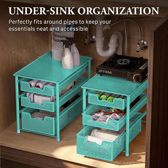 Simple Houseware Stackable 3 Tier Slide Basket Organizer Drawer, Turquoise