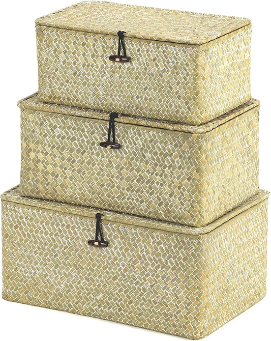 Nonam Storage Basket with Lid, Natural Seagrass Bin with Lid Set of 3, Shelf Baskets Multipurpose Container for Boho Decoration, Rectangular Household Storage Boxes for Home Organization-White