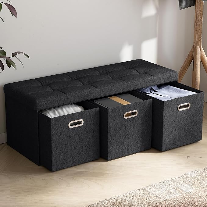 Ornavo Home 40 Inch Storage Ottoman with 3 Drawers, Tufted Linen, Black | Foldable Large Bench Design; Foot Rest Stool Seat; Ideal for Living Room, Bedroom or Entryway