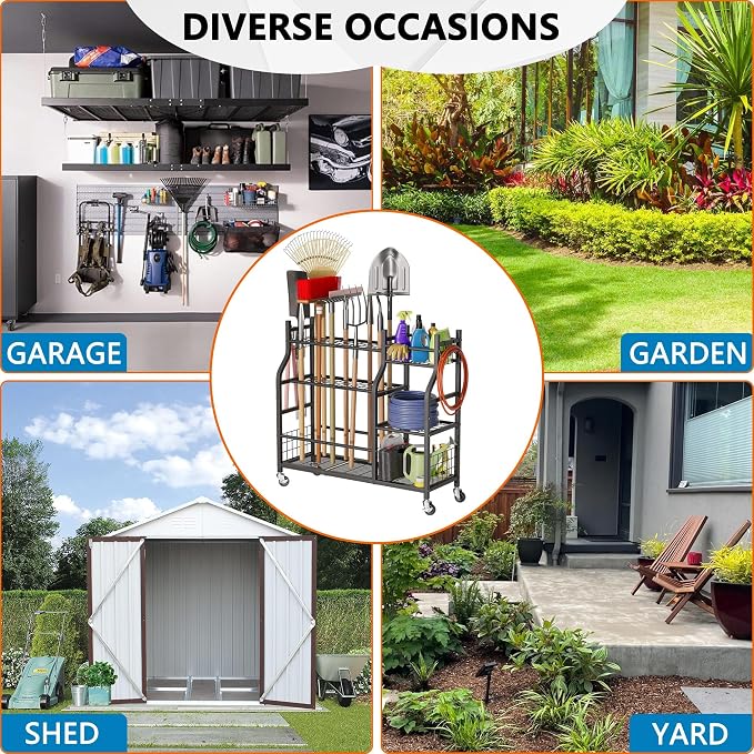 Garden Tool Organizer with Wheels for Garage and Shed, Spacious Tool Storage, Multi-Tier Design with Side Hooks for Rakes, Shovels, Brooms, and Yard Tools Rolling Cart