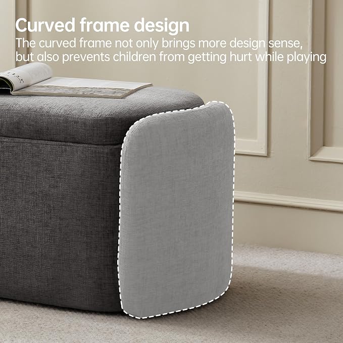 VKNOW Storage Bench, Upholstered Storage Ottoman Bench with Hinge, Grey | Ottoman Bench with Large Capacity, Curved Frame, Soft Fabric, Storage Bench for Bedroom, Living Room, Entryway, Window