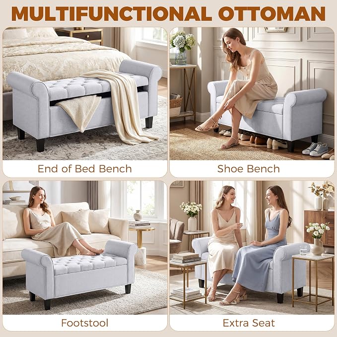 HOMCOM 47" Ottoman wih Storage End of Bed Bench with Rolled Arms Light Gray | Storage Chest, Safety Hinge, Wooden Legs, Upholstered End of Bed Bench, 528 lbs, Bedroom Entryway Living Room