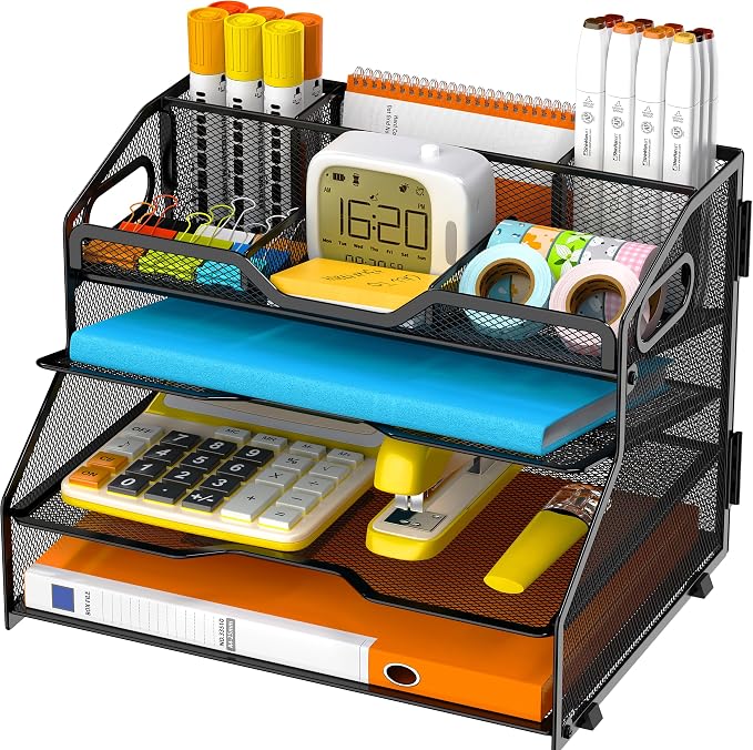4 Tier Metal Desk Organizer with Magazine File Holder, Black | Space saving workspace desk file trays. Includes pencil holder and portable handles. Ideal for school and office supplies