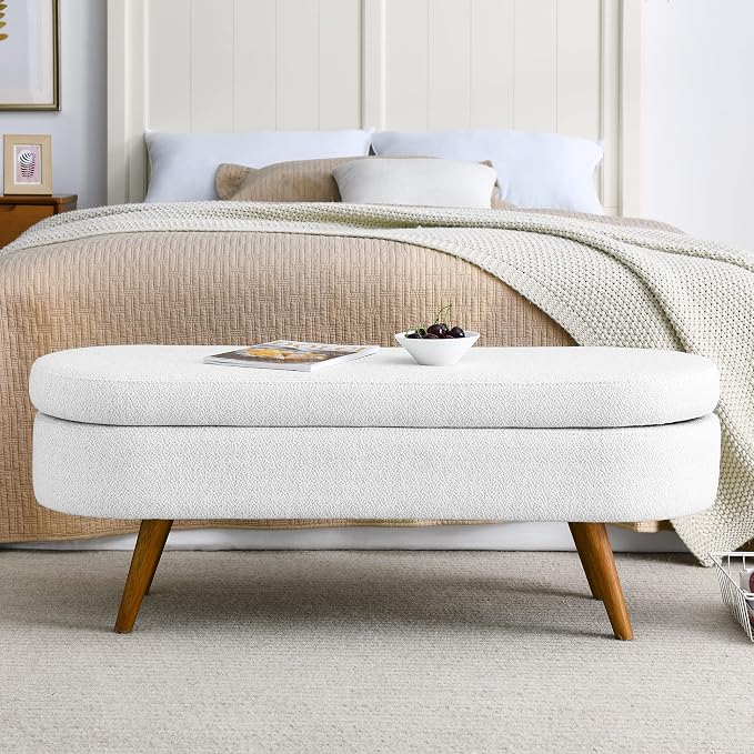 43.5” Storage Ottoman Bench，Upholstered Oval End of Bed Bench for Bedroom | Modern Linen Ottoman with Storage, Entryway Foot Rest with Wooden Legs, Lift-Top Lid with Safety Hinge, Living Room, White
