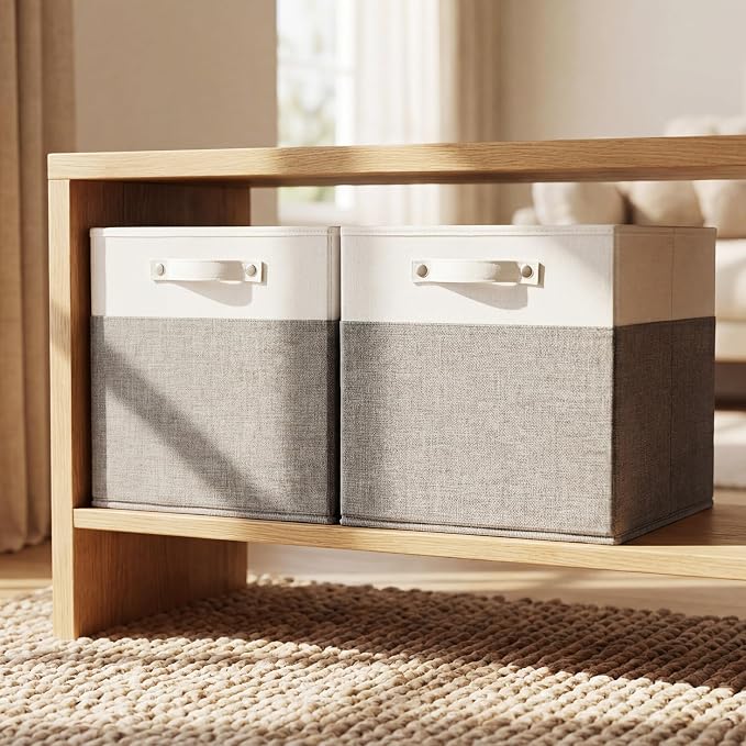 FinishingBo 13 inch Cube Storage Bins with Handles 4 Pack | Foldable Linen Storage Baskets, Closet Organizers, Shelf Baskets, White Grey