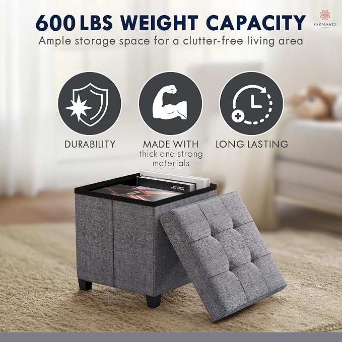 Ornavo Home Square Cube Storage Ottoman with Legs, 15x15x15, Gray | Foot Rest Stool Seat; Holds Up to 600 lbs; Ideal for Living Room, Bedroom, Home Office or Dorm