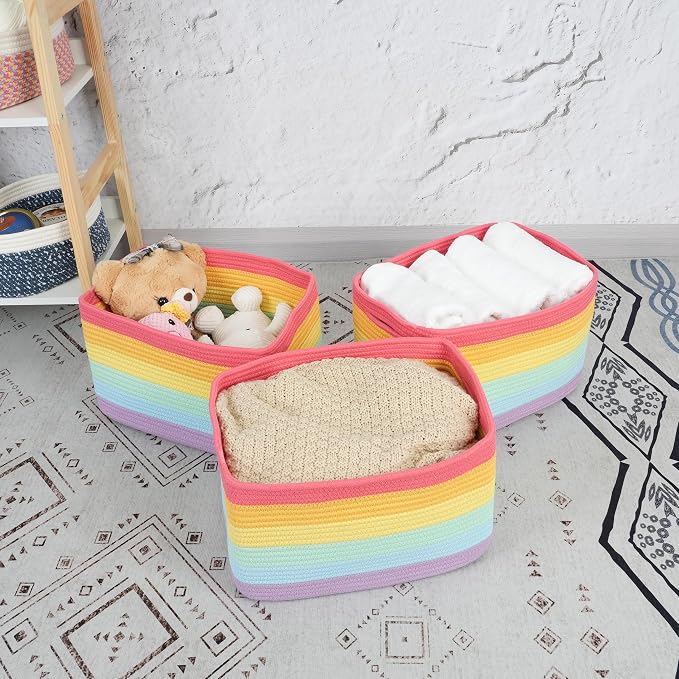 XUANGUO Woven Cotton Rope Storage Baskets 15x10x9.3" 3 Pack Rainbow | Colorful storage baskets for shelves and playrooms; toy storage bins organize kids' toys, books, clothes and nursery items.