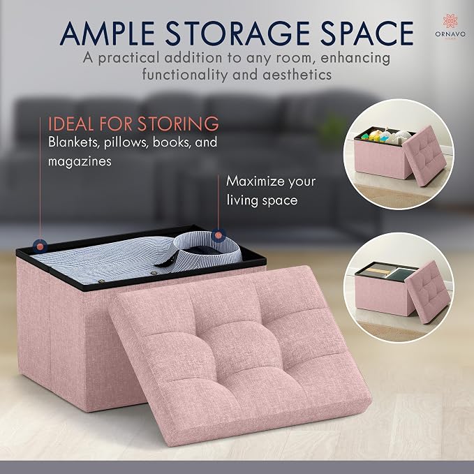 Ornavo Home Small Rectangle Storage Ottoman, Foldable Linen, 12x16x12, Pink | Collapsible Cube Design; Foot Rest Stool Seat; Ideal for Living Room, Bedroom, Home Office or Dorm