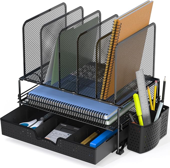 Simple Houseware Desk File Organizer for Office Supplies w/Drawer, Black | Double Tray, Pencil Holder, and 5 Upright Sections with Sliding Drawer
