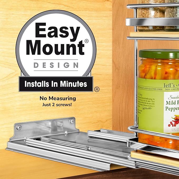 LYNK PROFESSIONAL® Élite™ Pull Out Spice Organization for Cabinets - 8-3/8 inch Wide – Spice Rack for Inside Cabinets – Wood/Chrome - Sliding Spice Rack Organizer for cabinet – Spice Rack - 2 Tier