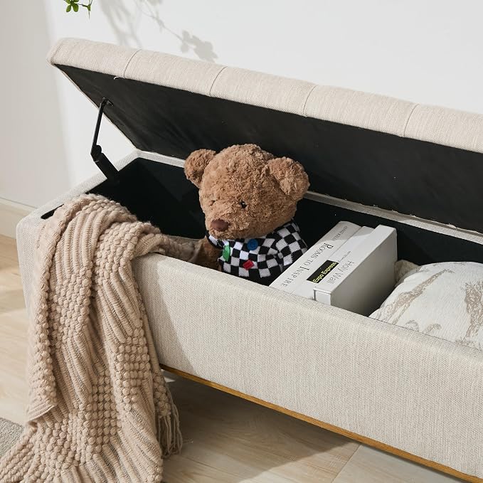 Storage Ottoman Bench, 45" End of Bed Bench, Beige | Hidden Storage Space, Linen Upholstery, Padded Cushion Top, Solid Wood Legs, 350 LBS Weight Capacity