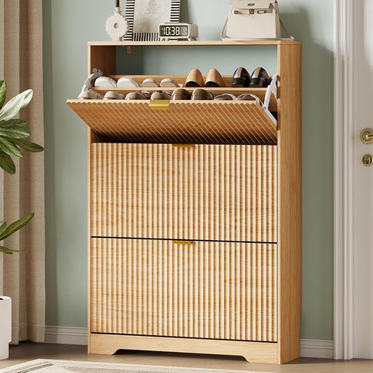 Xixini Shoe Storage Cabinet for Entryway with 3 Flip Drawers, Hidden Slim Wood Shoe Organizer with Modern Fluted Panel, Freestanding Narrow Shoe Rack for Front Door Entrance, Hallway, Foyer, Oak