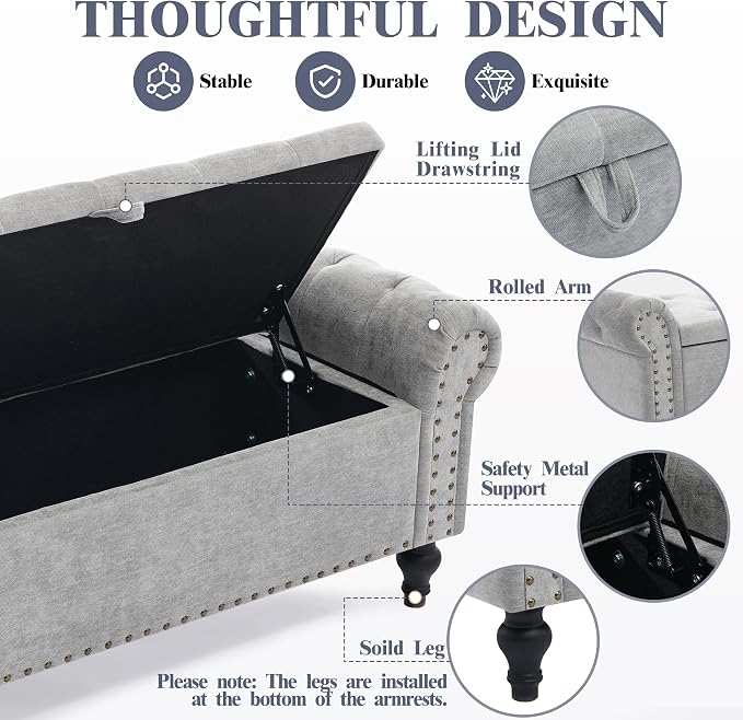 55" Storage Bench for Bedroom, Upholstered Ottoman Bench Chenille LightGray | End of Bed Bench for Bedroom, Window Benches for Living Room, Entryway, Ottoman with Large Storage Space, Pet Friendly