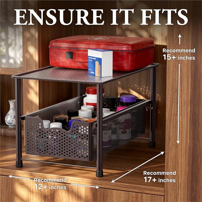 Simple Houseware Stackable Under Sink Sliding Basket Drawer, Brown | Perforated Free Standing Organizer, Kitchen/Pantry/Cabinet/Counter