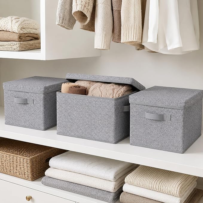 WUIKE Foldable Storage Bins with Lids, Storage Boxes with Handles, Closet Shelf Organizer, Fabric Storage Baskets with Cover for Bedroom, 3-Pack, Ash Gray, Extra Large