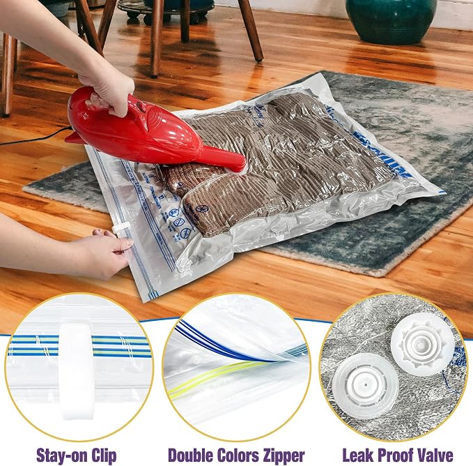 HIBAG Vacuum Storage Bags, 10-Pack Vacuum Seal Bags for Clothing Clothes, Space Saver Bags (2 Jumbo, 2 Large, 2 Medium, 2 Small, 2 Roll-up) with Pump (10-Combo) | Various Size, Airtight Triple Seal, Save 80% Space, Hand Pump, Work with Vacuum, Double Z...