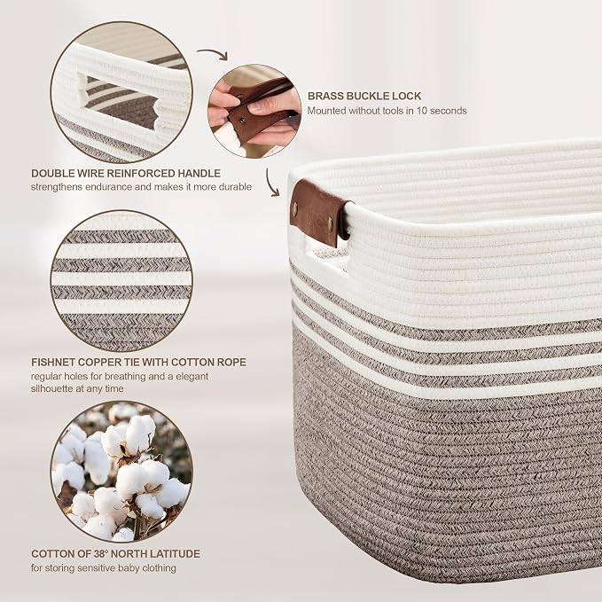 86L Woven Laundry Basket Hamper with Leather Handles,Dark Brown | collapsible wicker hamper, storage for dirty clothes, toys, blankets, gifts, living room, bedroom, bathroom, 24"x16"x14"