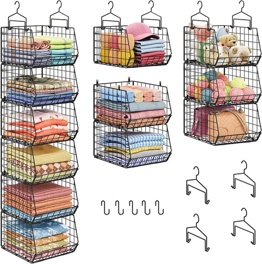 6-Tier Extended Depth Hanging Closet Organizers and Storage for Closet Organization, Stackable Hanging Shelves with Hooks for Clothes Sweaters Towels Purses, Fits Closet Shelves & Wire Metal Shelving