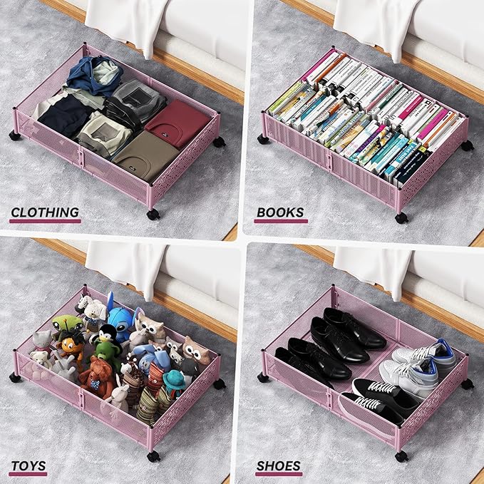 PHINOX Under Bed Storage Container with Wheels,Patterned,Metal,2 Pack,Pink | Tool-free assembly, glide smoothly, easy reach, foldable, maxmazie low-profile beds, dorm, keep seasonal clothes, shoes fresh