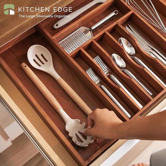 KitchenEdge Silverware & Utensil Drawer Organizer, 16-28 in, Acacia | Cutlery, flatware, food-safe contract grade, kitchen drawer fit