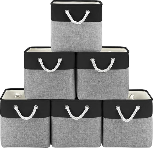 Patvingot 11-Inch Fabric Cube Storage Bins with Handles,6 Pack,Foldable | For cube shelves and closets,keeps grouped for everyday access,reinforced opening and fold-flat storage,dark and gray