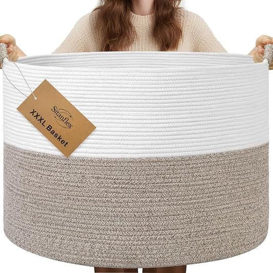 XXXL Large Blanket Basket for Living Room, 21.7" x 13.8" Woven Cotton Rope Laundry Hamper for Pillows, Towels & Toy Storage - Decorative Round Storage Basket with Handles for Nursery, Baby & Dog Toys