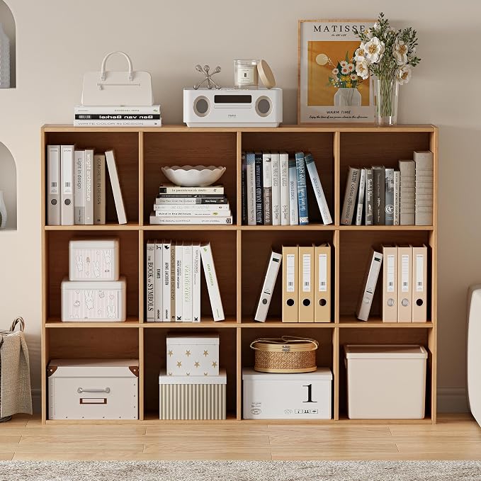 VDNEND Wooden Cube Storage Organizer with Closed Back Panel, 11in Cube Shelf Opening, Bookshelf, Display Shelf,Closet Cabinet for Home and Office (Natural Oak, 12-Cube 35.98L*9.45W*47.72H)