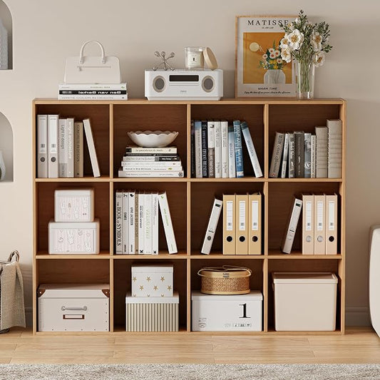 VDNEND Wooden Cube Storage Organizer with Closed Back Panel, 11in Cube Shelf Opening, Bookshelf, Display Shelf,Closet Cabinet for Home and Office (Natural Oak, 12-Cube 35.98L*9.45W*47.72H)