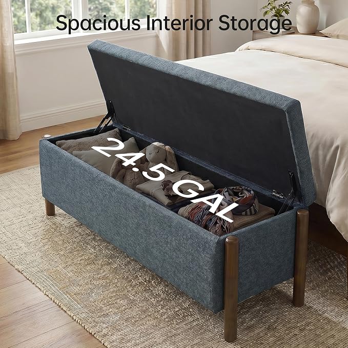 Usaint Wooden Storage Ottoman Bench, 47" Fabric Upholstered End of Storage Bench with Rubberwood Legs, Entryway Bench with Storage for Bedroom, Living Room, Reception, Cloakroom, Blue