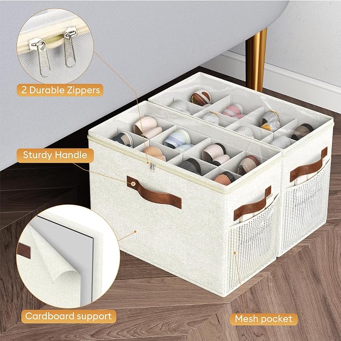 2 Pack Shoe Organizer for Closet, Foldable Shoe Storage with Adjustable | Farbic shoe storage organizer box bin with clear cover, fits up to 16 pairs, shoe storage box for closet, entryway, beige