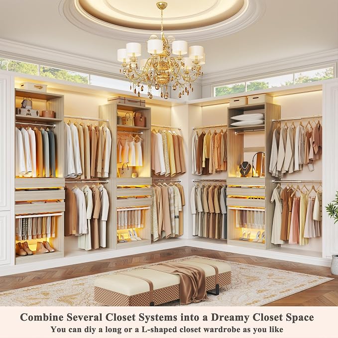 Closet System Set of 2, 5.7-10.4FT Closet Organizer System with 6 Wood Drawers & LED Glasstop, Wood Walk-in Closet with 10 Hanging Rods & 2 Trouser Rack, Built-in Garment Rack with Shelves, White Oak