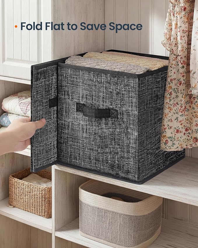 SONGMICS HOME Foldable Storage Cubes Set of 8, Fabric Shelf Organizer Bins with Handles, Closet Storage Boxes for Clothes, 10.4 x 10.4 x 11.2 Inches, Black