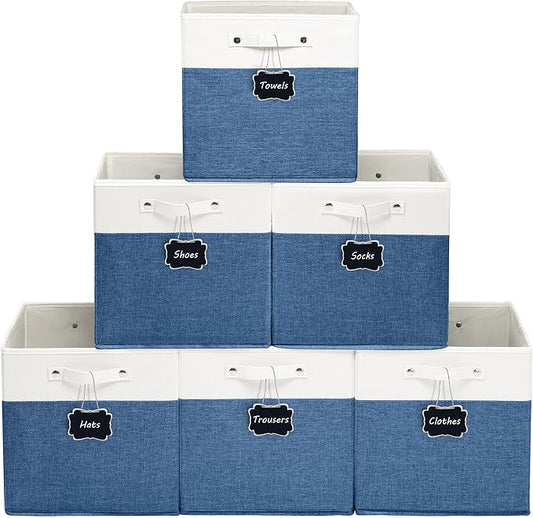 FinishingBo 13 inch Cube Storage Bins with Handles 6 Pack | Foldable Linen Storage Baskets, Closet Organizers, Shelf Baskets, White Blue