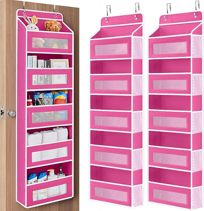 JARLINK Over the Door Organizer for Bathroom, 5 Shelf Rose Pink, 2 Pack | Anti-Tilt Design, 44 lb Load Capacity, Hanging Door Organizer with 5 Large Capacity Pockets, Behind Door Storage for Nursery
