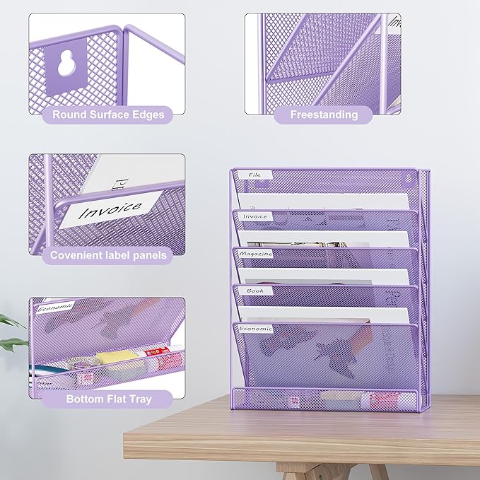 EasyPAG 5 Tier Wall File Holder, Mesh Hanging Folder Organizer with Classify Label, Versatile Desk File Holder, Vertical Wall Mounted Mail Organizer for Office Home Cubicle, Purple