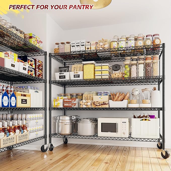 REIBII 75.62" H Storage Shelves 2480LBS Garage Shelving with Wheels Heavy Duty Metal Shelving for Storage Adjustable Pantry Shelf for Kitchen Garage Commercial, 75.62" H X 24.02" D X 55.52" W, 2PCS