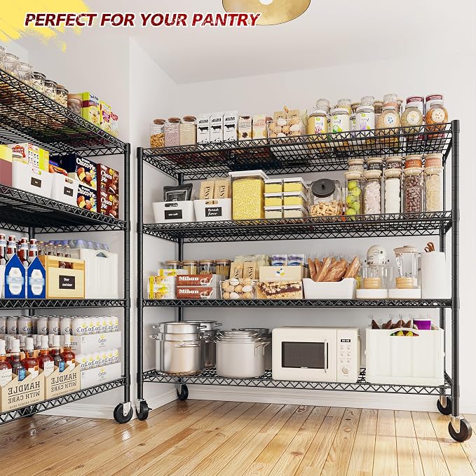 REIBII 55.52''W Storage Shelves 2480LBS Wire Shelving Unit with Wheels Heavy Duty Metal Shelves for Storage Adjustable Garage Storage Rack Kitchen Shelving,75.62" H X 55.52''W X 24.02" D,4PCS