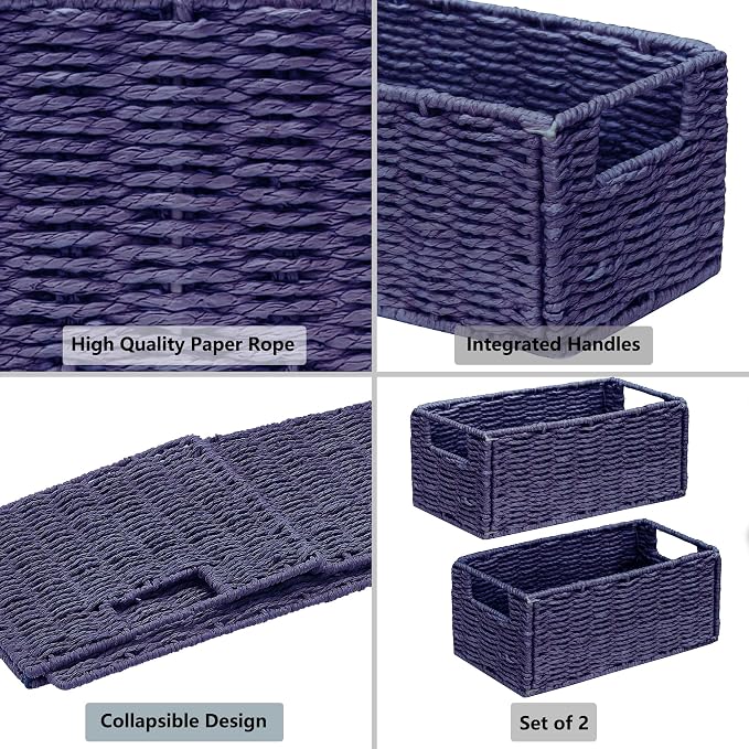 Vagusicc Wicker Storage Basket, Set of 2 Hand-Woven Paper Rope Wicker Basket, Small Storage Baskets for Organizing Toilet Paper, Foldable Small Cube Organizer Bins for Shelves (Purple)