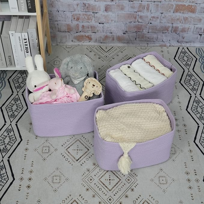 XUANGUO Woven Cotton Rope Storage Baskets 15x10x9.3" 3 Pack Purple Lavender | Decorative rectangular storage baskets for shelves and closets; storage bins organize clothes, toys, books and nursery items.