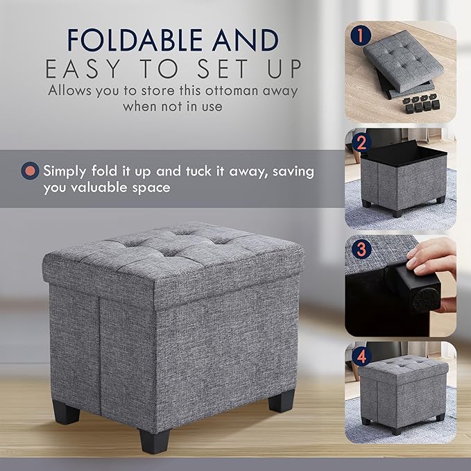 Ornavo Home Small Rectangle Storage Ottoman with Legs, 12x16x12, Gray | Foot Rest Stool Seat; Holds Up to 600 lbs; Ideal for Living Room, Bedroom, Home Office or Dorm