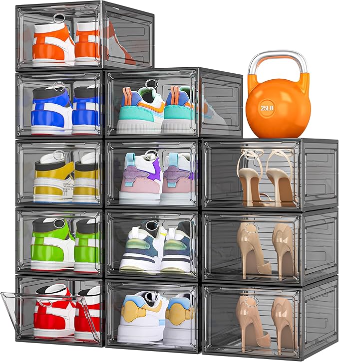 12 Pack Shoe Organizer, Stackable Shoe Storage Boxes with Magnetic Door | Clear Plastic Shoe Boxes for Sneakers, Boots & Heels, Foldable Space-Saving Shoe Rack for Closet, Durable Shoe Cabinet, Black