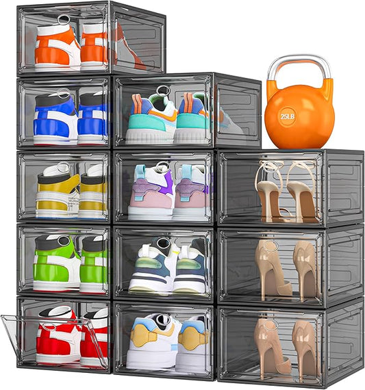12 Pack Shoe Organizer, Stackable Shoe Storage Boxes with Magnetic Door | Clear Plastic Shoe Boxes for Sneakers, Boots & Heels, Foldable Space-Saving Shoe Rack for Closet, Durable Shoe Cabinet, Black