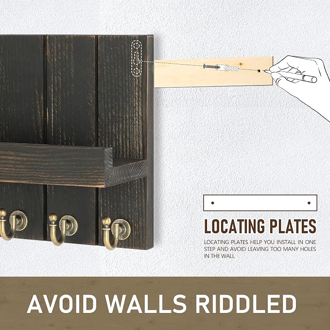 Rebee Vision Key Holder Wall Mount with Shelf for Office, Distressed Black | 3.54'' x 10'' x 7.28'', Pine Wood Construction, Farmhouse Key Holder for Wall, Mail Storage, Compact Space-Saving Design
