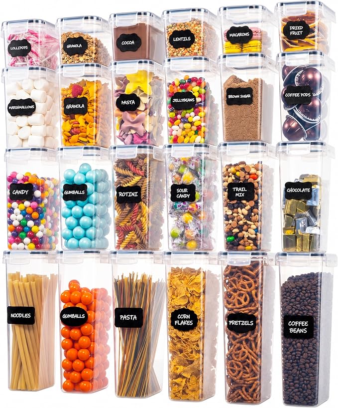 Oizeir Airtight Food Storage Containers with Lids 24-Pack, Pantry Kitchen | 24-Pack BPA-Free Airtight Plastic Food Containers, Snap Lids for Pantry Kitchen, Flour Sugar Rice Cereal Pasta, Clear