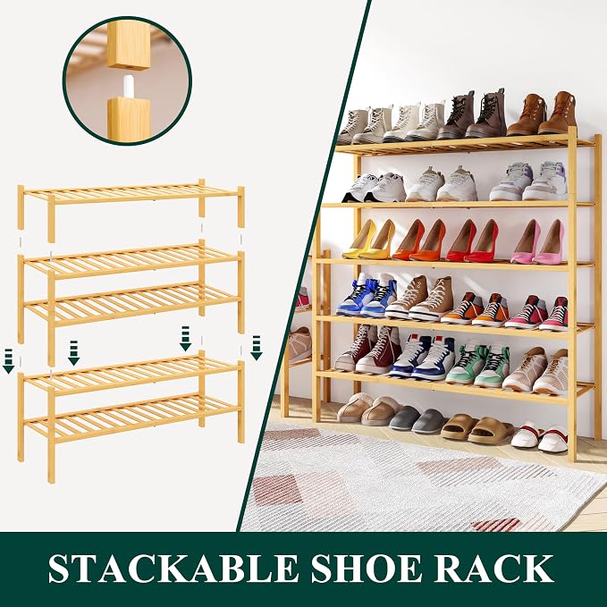 Smiry Bamboo Shoe Rack, 12 Vertical Slats, 2 Tier - 33.7" Wide, Natural | Stackable Free Standing Wooden Shoe Organizer, Wood Shoe Storage Shelf for Closet, Entryway